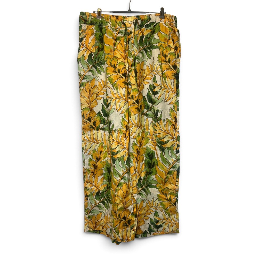 Tahari Womens L 100% Linen Tropical Floral Wide Leg Pants Yellow Green High Rise